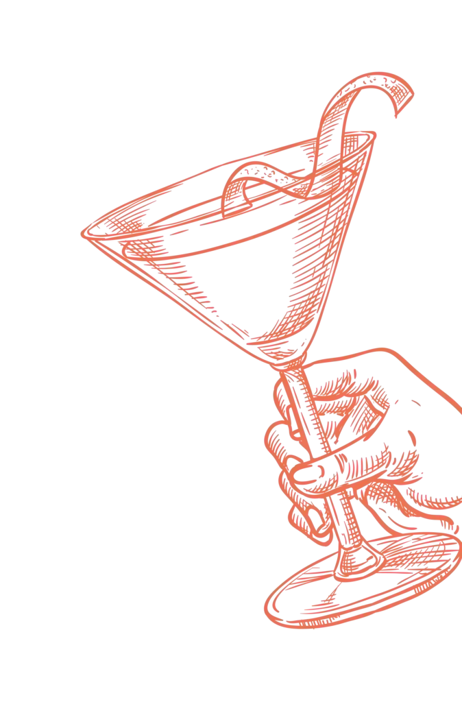 Red graphic image of a hand holding a martini glass.